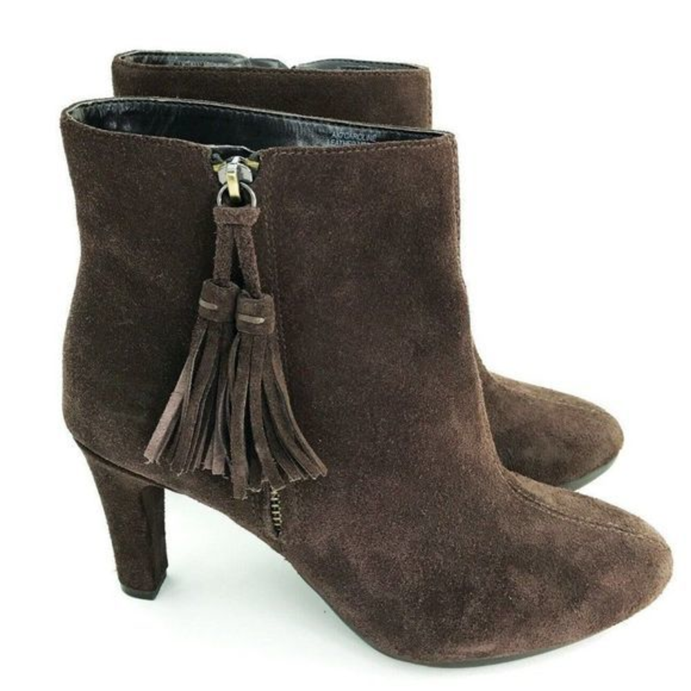 Anne Klein Caroline Womens Size 8.5 Brown Suede Ankle Tassel Zip Booties‎